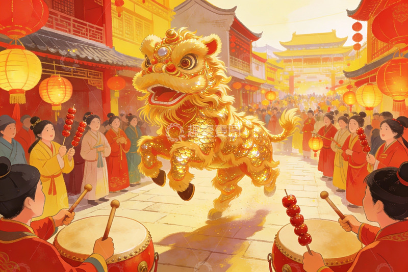 高清大图下载【趣麦麦图】金狮舞动迎新春热闹街景