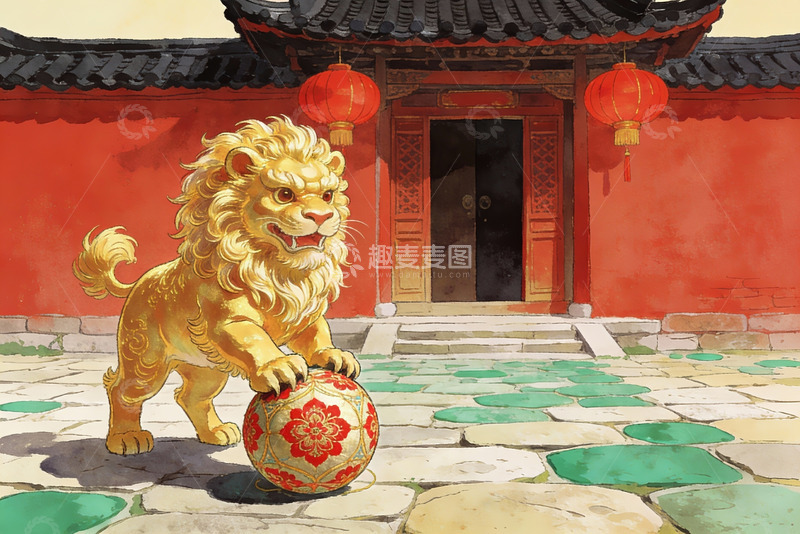 高清大图下载【趣麦麦图】金色狮子守护古建筑庭院