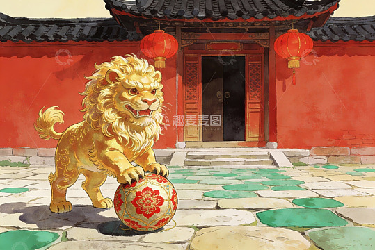 金色狮子守护古建筑庭院