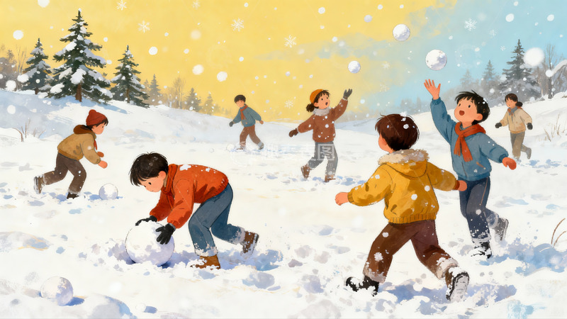 高清大图下载【趣麦麦图】孩童雪地打雪仗欢乐场景