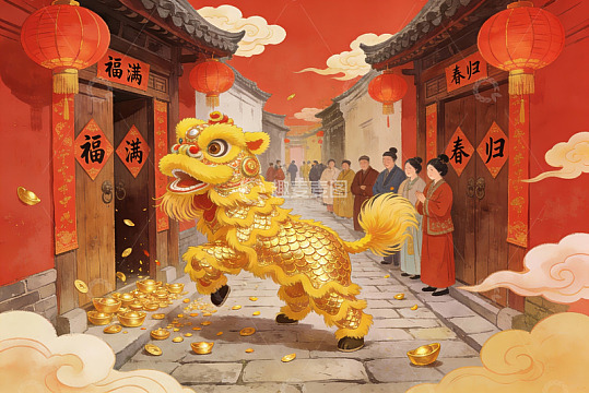 春节舞狮热闹街景