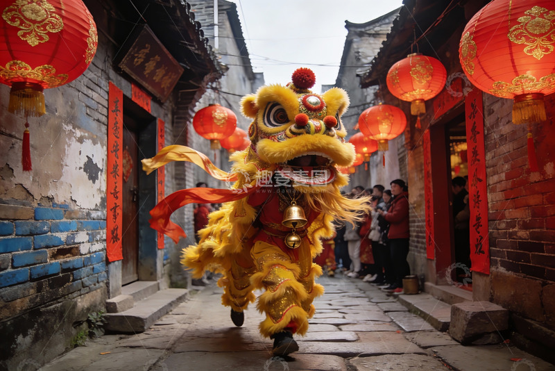 高清大图下载【趣麦麦图】古巷舞狮迎新春