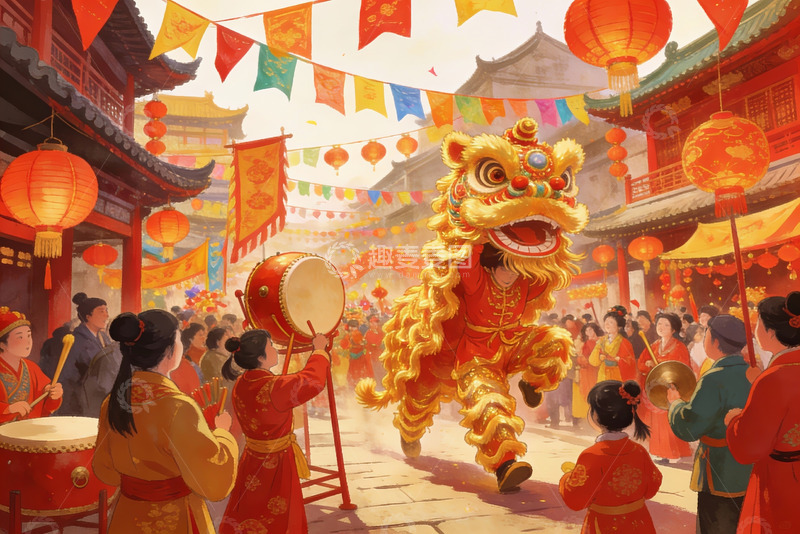 高清大图下载【趣麦麦图】热闹街市舞狮表演欢庆场景