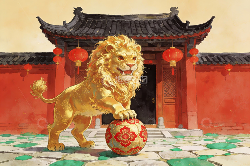 高清大图下载【趣麦麦图】金色狮子守护古建筑庭院