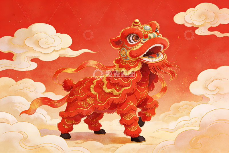 高清大图下载【趣麦麦图】红色舞狮云端起舞