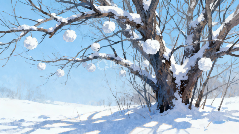 高清大图下载【趣麦麦图】雪覆树枝挂雪球冬日静景