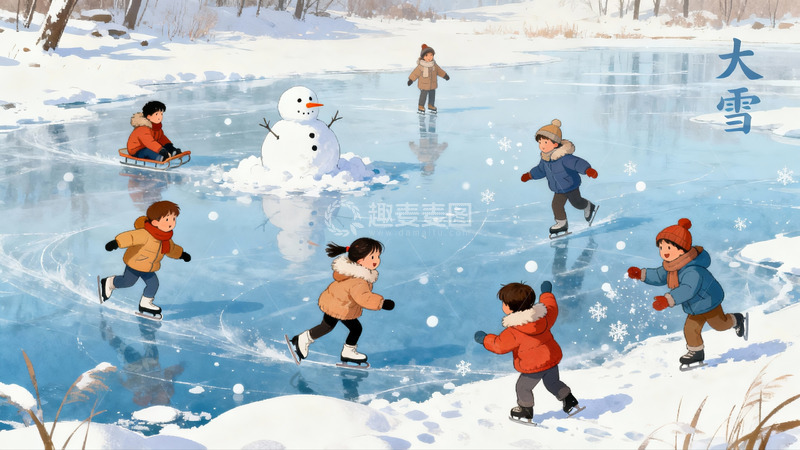 高清大图下载【趣麦麦图】雪地儿童冰上嬉戏欢乐场景