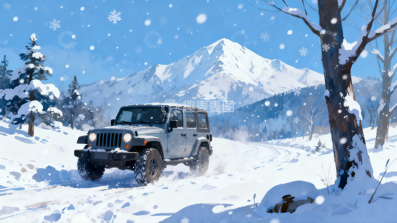 高清大图下载【趣麦麦图】雪地越野车行驶雪山背景