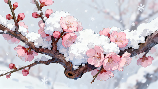 雪中绽放的粉色梅花