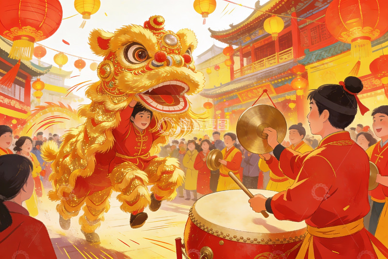 高清大图下载【趣麦麦图】舞狮表演热闹非凡