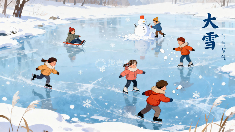 高清大图下载【趣麦麦图】雪地冰上儿童嬉戏欢乐场景