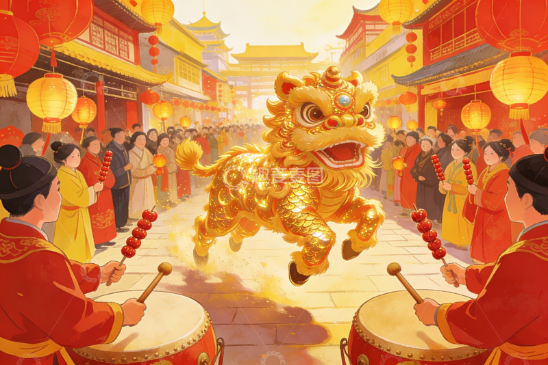 高清大图下载【趣麦麦图】金狮舞动迎新春