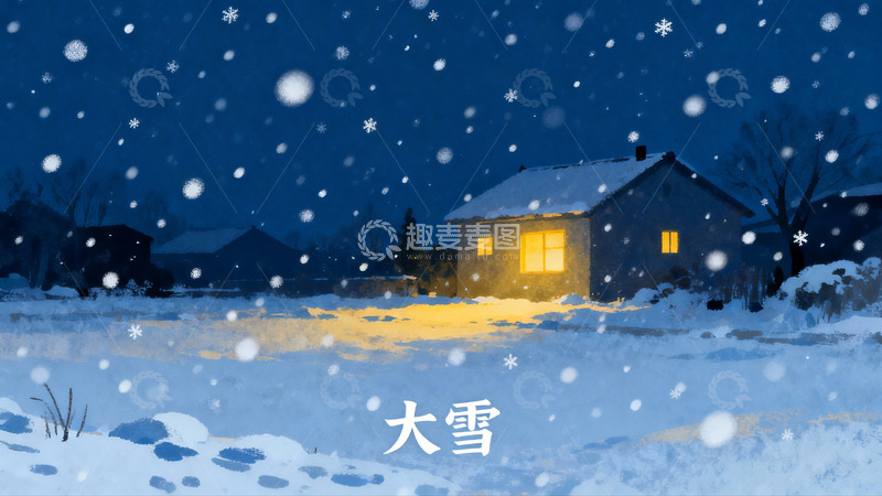 高清大图下载【趣麦麦图】冬夜雪景中的温暖小屋