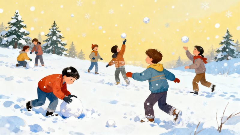 高清大图下载【趣麦麦图】儿童雪地打雪仗欢乐场景
