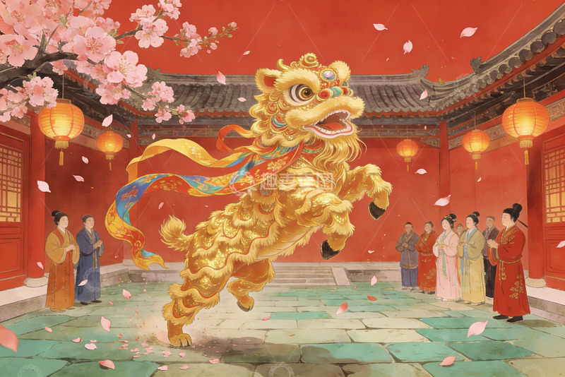 高清大图下载【趣麦麦图】传统舞狮表演热闹场景