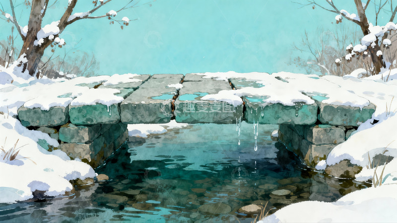 高清大图下载【趣麦麦图】雪覆石桥流水潺潺冬景