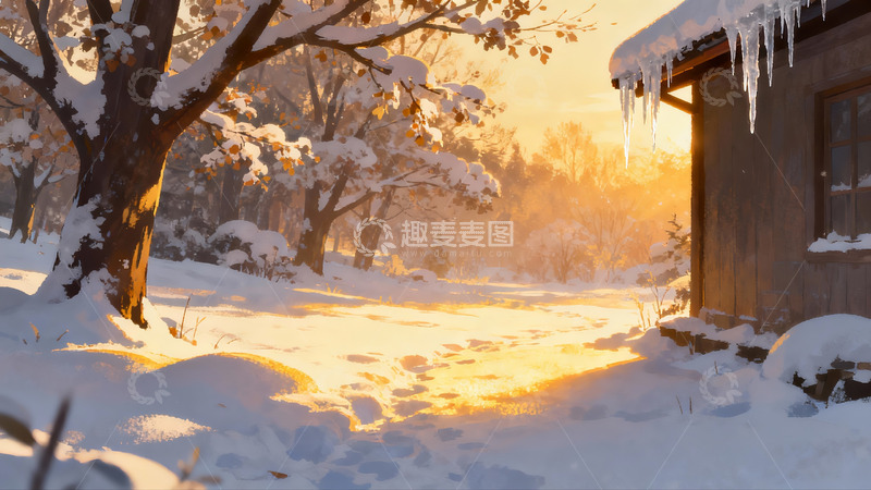 高清大图下载【趣麦麦图】雪后木屋晨光美景