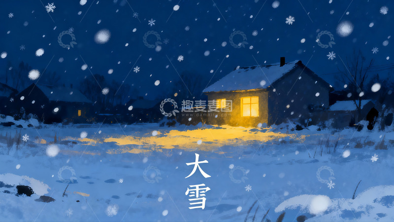 高清大图下载【趣麦麦图】冬夜雪景中的温暖小屋