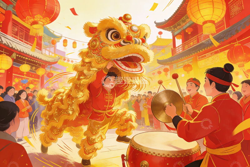 高清大图下载【趣麦麦图】春节舞狮热闹场景