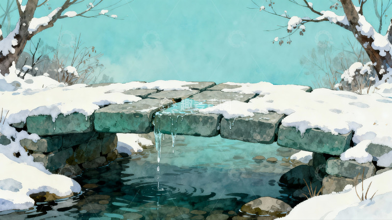 高清大图下载【趣麦麦图】雪覆石桥流水潺潺冬景