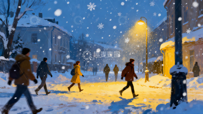 高清大图下载【趣麦麦图】雪夜街头行人漫步