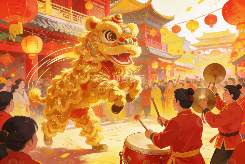 高清大图下载【趣麦麦图】热闹舞狮迎新春