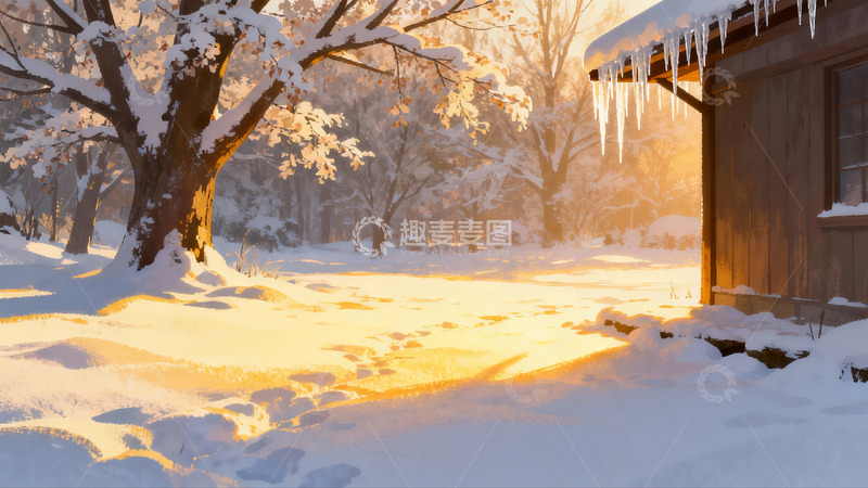 高清大图下载【趣麦麦图】雪后木屋晨光景色