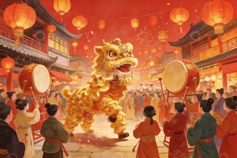 高清大图下载【趣麦麦图】热闹街市舞狮表演欢庆场景