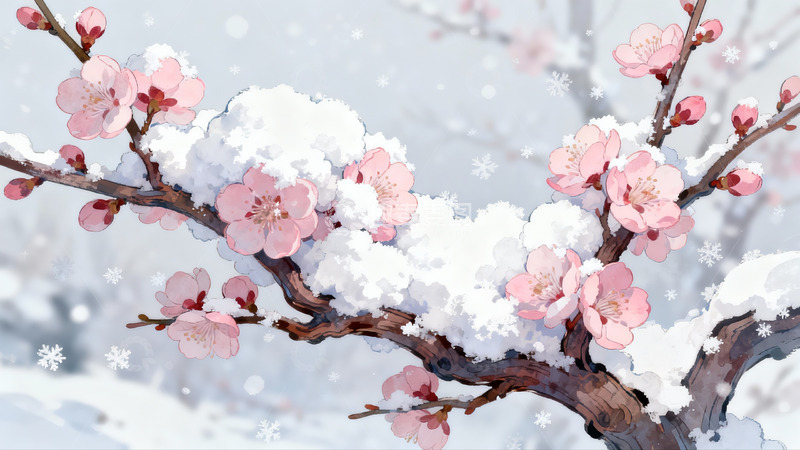 高清大图下载【趣麦麦图】雪中绽放的粉色樱花枝