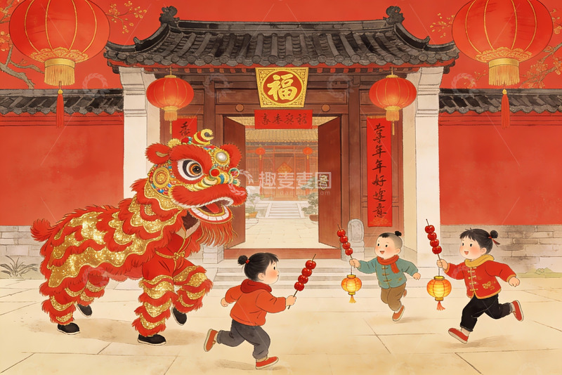 高清大图下载【趣麦麦图】新年舞狮儿童欢庆场景