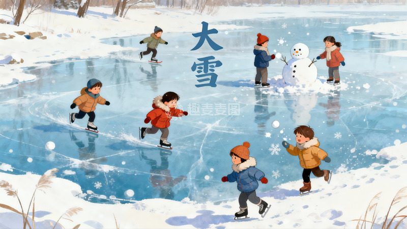 高清大图下载【趣麦麦图】冬日雪景中儿童冰上嬉戏