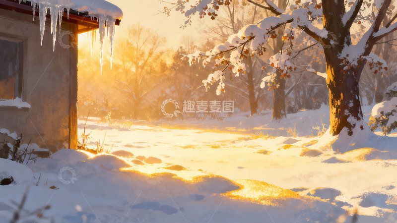 高清大图下载【趣麦麦图】雪后晨曦中的小屋与树木
