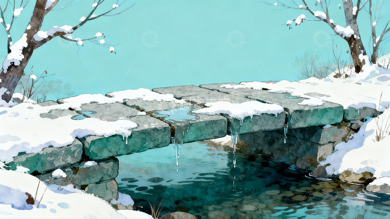 雪覆石桥流水潺潺冬景