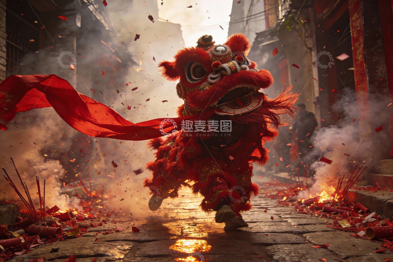 高清大图下载【趣麦麦图】红狮舞动鞭炮齐鸣街头喜庆