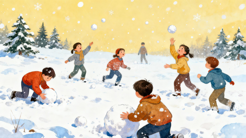 高清大图下载【趣麦麦图】儿童雪地打雪仗欢乐场景