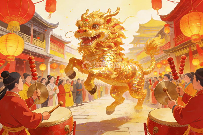 高清大图下载【趣麦麦图】金龙舞动迎新春热闹街景