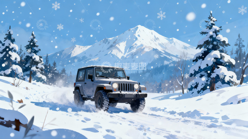 高清大图下载【趣麦麦图】雪地越野车行驶于雪山