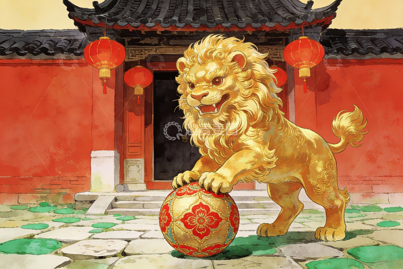 高清大图下载【趣麦麦图】金色狮子守护古建筑门前