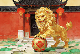 金色狮子守护古建筑门前
