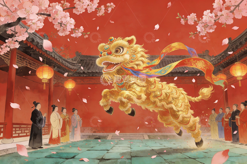 高清大图下载【趣麦麦图】传统舞狮表演喜庆场景