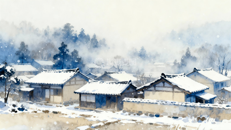 高清大图下载【趣麦麦图】雪中古村水墨画