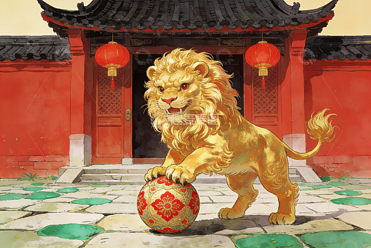 金色狮子守护古建筑庭院