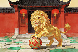 金色狮子守护古建筑庭院