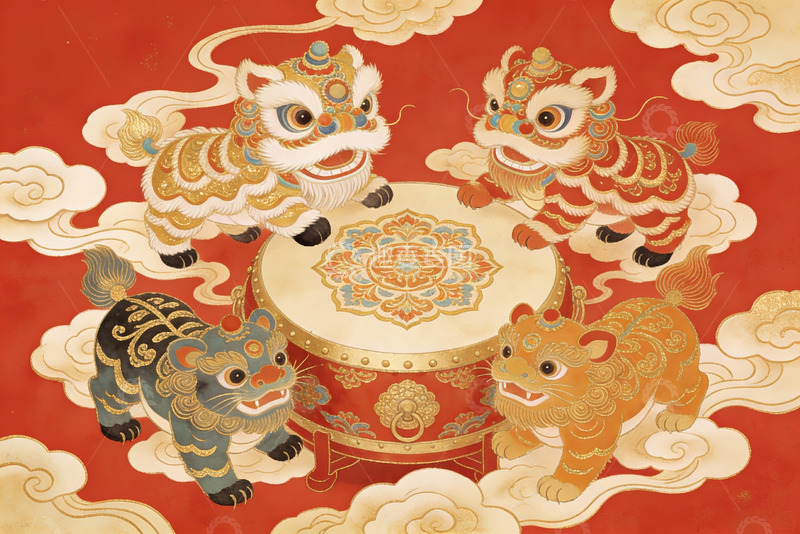 高清大图下载【趣麦麦图】四只舞狮环绕大鼓的喜庆图案