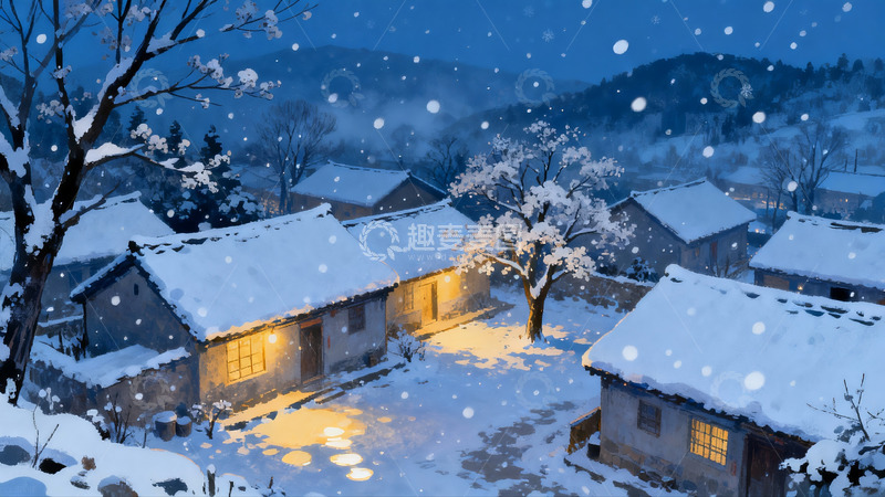 高清大图下载【趣麦麦图】雪夜古村灯火温馨