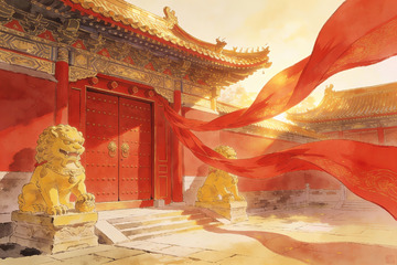 古建筑门前红绸飘扬