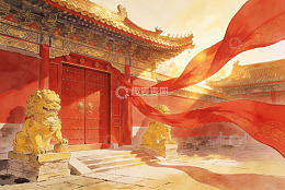 古建筑门前红绸飘扬