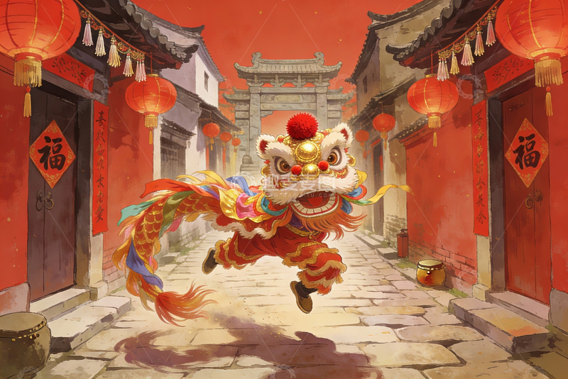 高清大图下载【趣麦麦图】舞狮表演喜庆街景