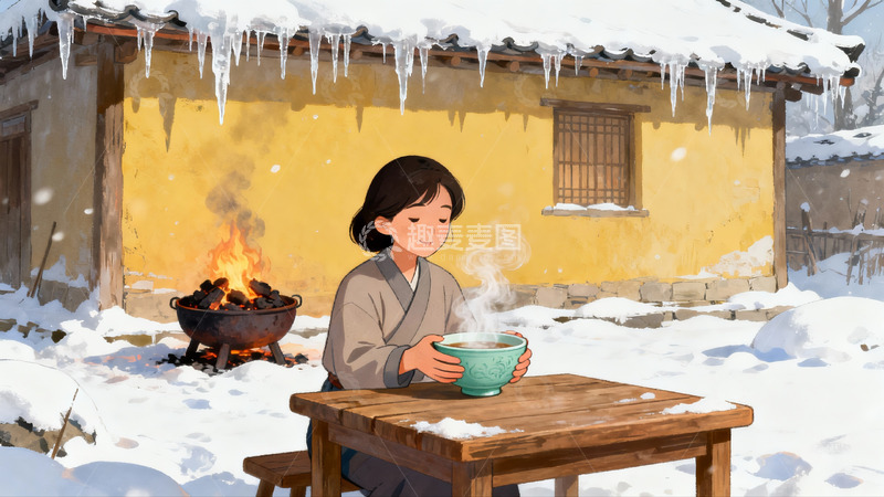 高清大图下载【趣麦麦图】雪地女子围炉饮茶温馨场景