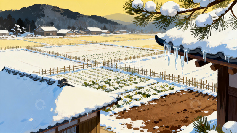 高清大图下载【趣麦麦图】雪覆田园村落冬景图